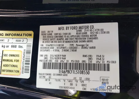 2020 Ford Mustang Gt z USA, uszkodzony, nr VIN 1FA6P8CF1L5108550